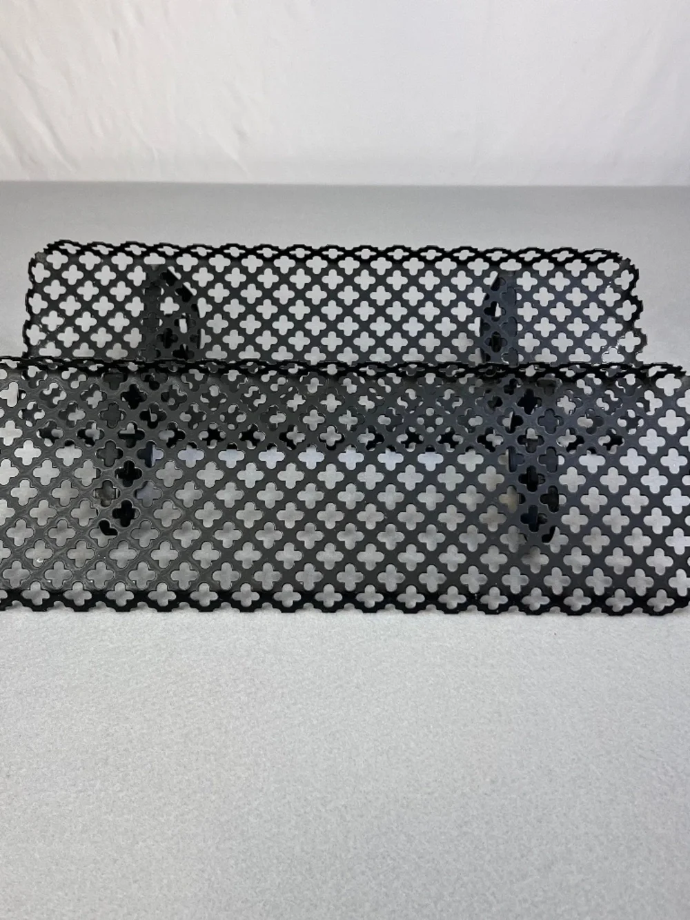 MCM Black Metal Wall Shelf Clover Leaf Lattice Pattern Scalloped Edges Set of 2